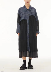 Plus Size Colorblock Oversized Denim Patchwork Wrinkled Chiffon Shirt Dresses