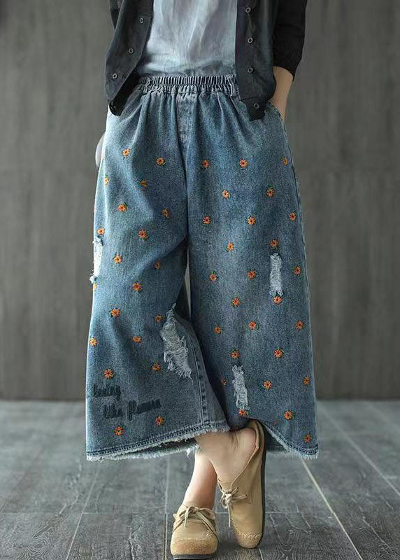 Plus Size Denim Blue Elastic Waist Daisy Embroideried Hole Cotton Straight Pants