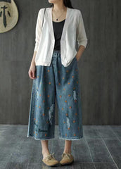 Plus Size Denim Blue Elastic Waist Daisy Embroideried Hole Cotton Straight Pants