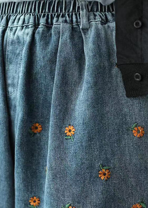 Plus Size Denim Blue Elastic Waist Daisy Embroideried Hole Cotton Straight Pants