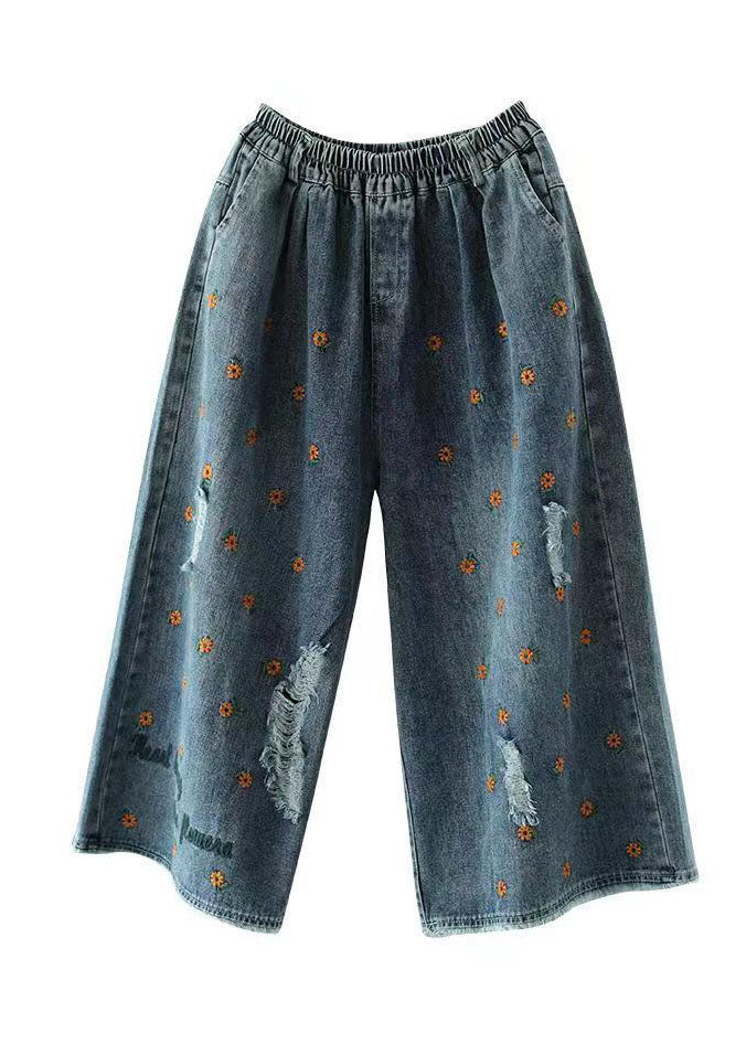 Plus Size Denim Blue Elastic Waist Daisy Embroideried Hole Cotton Straight Pants