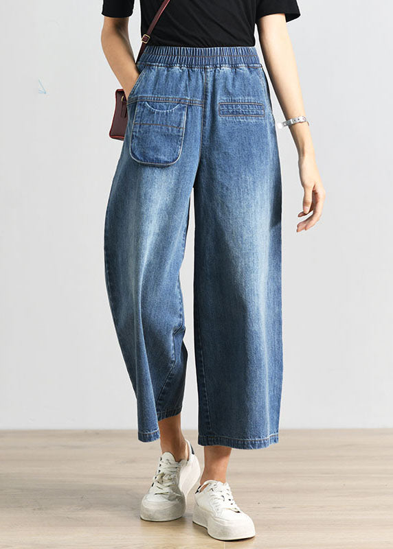 Plus Size Denim Blue Elastic Waist Pockets Cotton Wide Leg Crop Pants