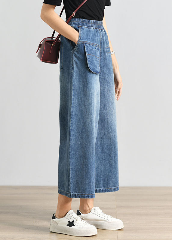 Plus Size Denim Blue Elastic Waist Pockets Cotton Wide Leg Crop Pants