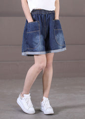 Plus Size Denim Blue Elastic Waist Pockets Cotton Wide Leg Shorts