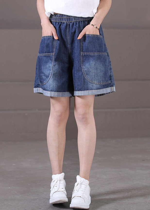 Plus Size Denim Blue Elastic Waist Pockets Cotton Wide Leg Shorts