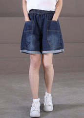 Plus Size Denim Blue Elastic Waist Pockets Cotton Wide Leg Shorts