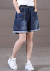 Plus Size Denim Blue Elastic Waist Pockets Cotton Wide Leg Shorts