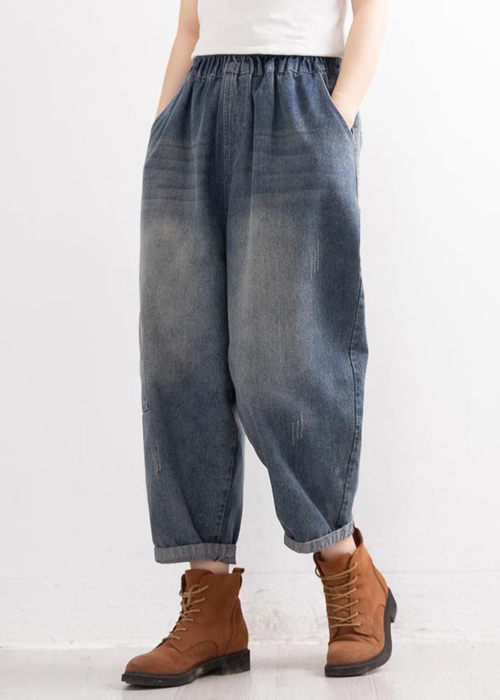 Pantalones harén de algodón con apliques de patchwork y bolsillos de cintura elástica de mezclilla azul de talla grande para otoño