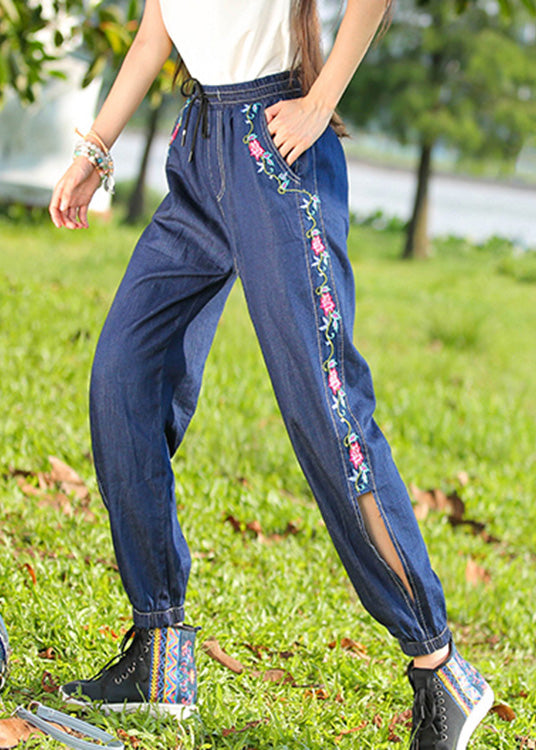 Plus Size Denim Blue Embroideried High Waist Cotton Lantern Pants