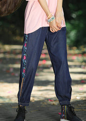 Plus Size Denim Blue Embroideried High Waist Cotton Lantern Pants