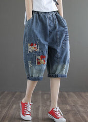 Plus Size Denim Blue Hole Embroideried Pockets Cotton Harem Pants