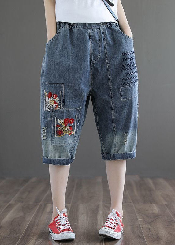 Plus Size Denim Blue Hole Embroideried Pockets Cotton Harem Pants