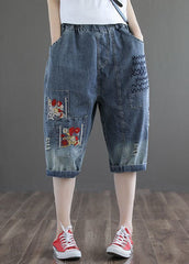 Plus Size Denim Blue Hole Embroideried Pockets Cotton Harem Pants