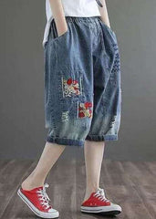 Plus Size Denim Blue Hole Embroideried Pockets Cotton Harem Pants