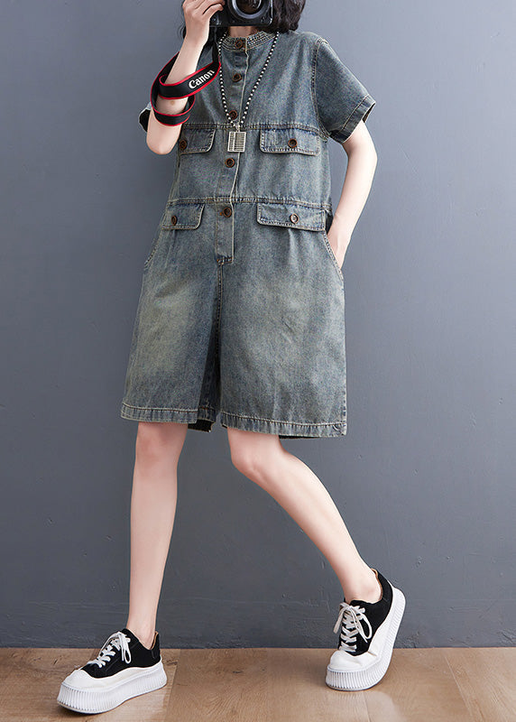 Plus Size Denim Blue O-Neck Patchwork Button Jumpsuits Short Sleeve