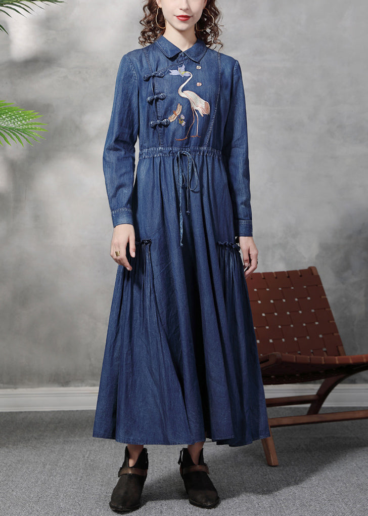 Plus Size Denim Blue Peter Pan Collar Embroideried Ruffled Drawstring Cotton Oriental Dresses Long Sleeve