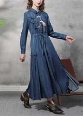 Plus Size Denim Blue Peter Pan Collar Embroideried Ruffled Drawstring Cotton Oriental Dresses Long Sleeve