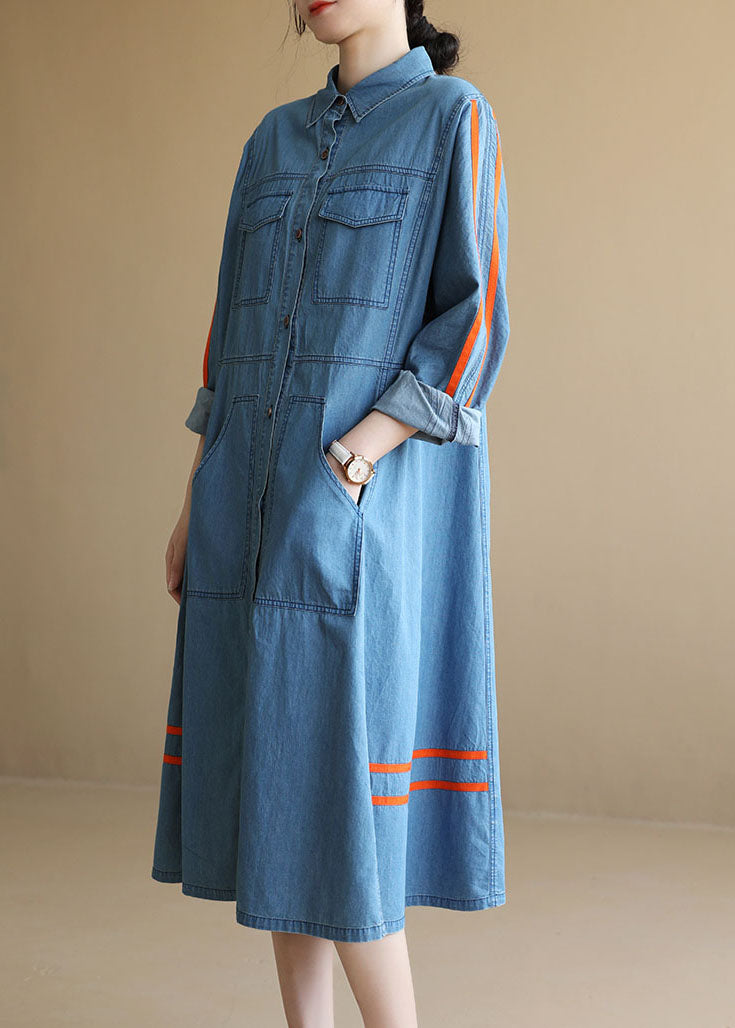 Plus Size Denim Blue Pockets Patchwork Tie Waist Cotton Long Dress Long Sleeve