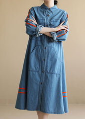 Plus Size Denim Blue Pockets Patchwork Tie Waist Cotton Long Dress Long Sleeve