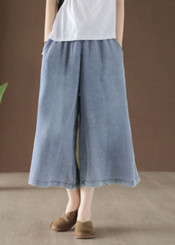 Plus Size Light Blue High Waist Draping Cotton Denim Wide Leg Pants