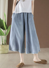 Plus Size Light Blue High Waist Draping Cotton Denim Wide Leg Pants