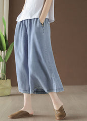 Plus Size Light Blue High Waist Draping Cotton Denim Wide Leg Pants