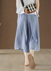 Plus Size Light Blue High Waist Draping Cotton Denim Wide Leg Pants