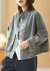 Plus Size Light Blue Pockets Button Fall Denim Long Sleeve Coat