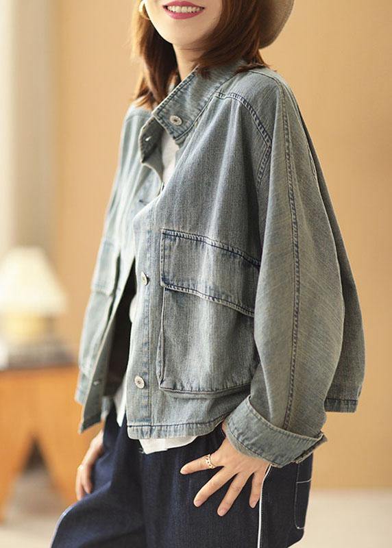 Plus Size Light Blue Pockets Button Fall Denim Long Sleeve Coat