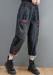 Plus Size Navy Elastic Waist Pockets Patchwork Cotton Denim Pants Fall