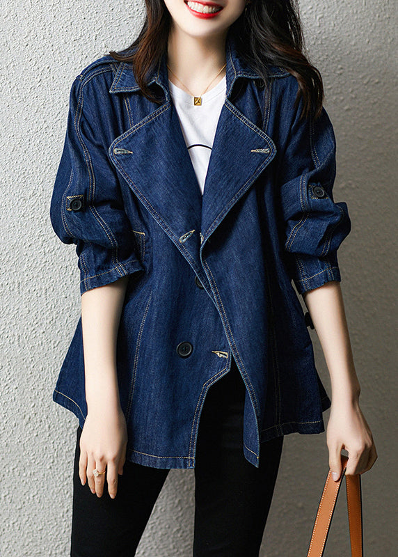 Plus Size Navy Kerbknopf Patchwork Denim Mäntel Herbst