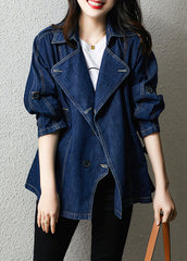 Plus Size Navy Kerbknopf Patchwork Denim Mäntel Herbst