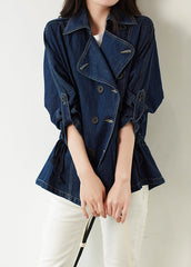 Plus Size Navy Kerbknopf Patchwork Denim Mäntel Herbst
