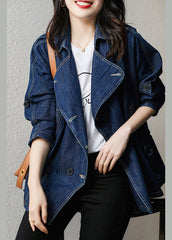 Plus Size Navy Kerbknopf Patchwork Denim Mäntel Herbst