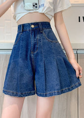 Plus Size Navy Pockets Denim Cotton Loose Pleated Shorts