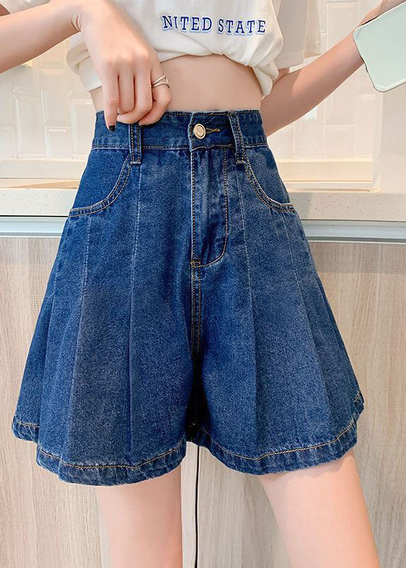 Plus Size Navy Pockets Denim Cotton Loose Pleated Shorts