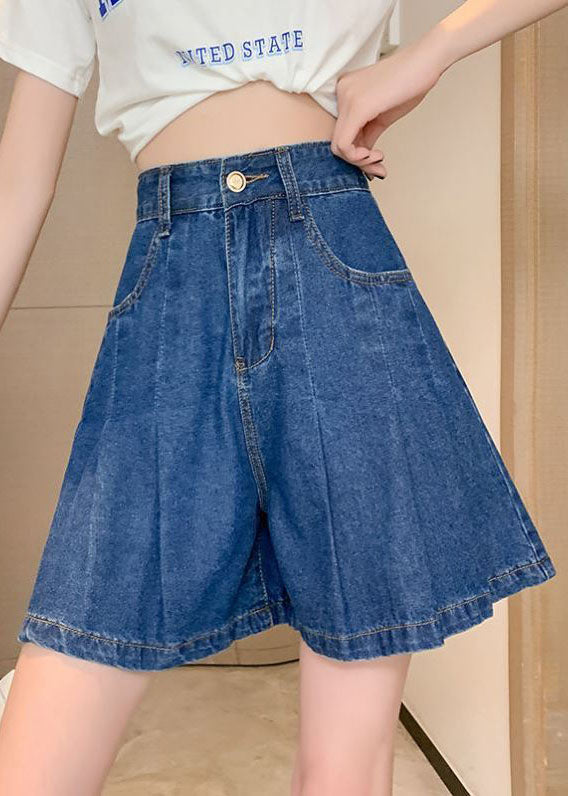 Plus Size Navy Pockets Denim Cotton Loose Pleated Shorts