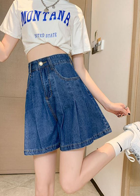 Plus Size Navy Pockets Denim Cotton Loose Pleated Shorts