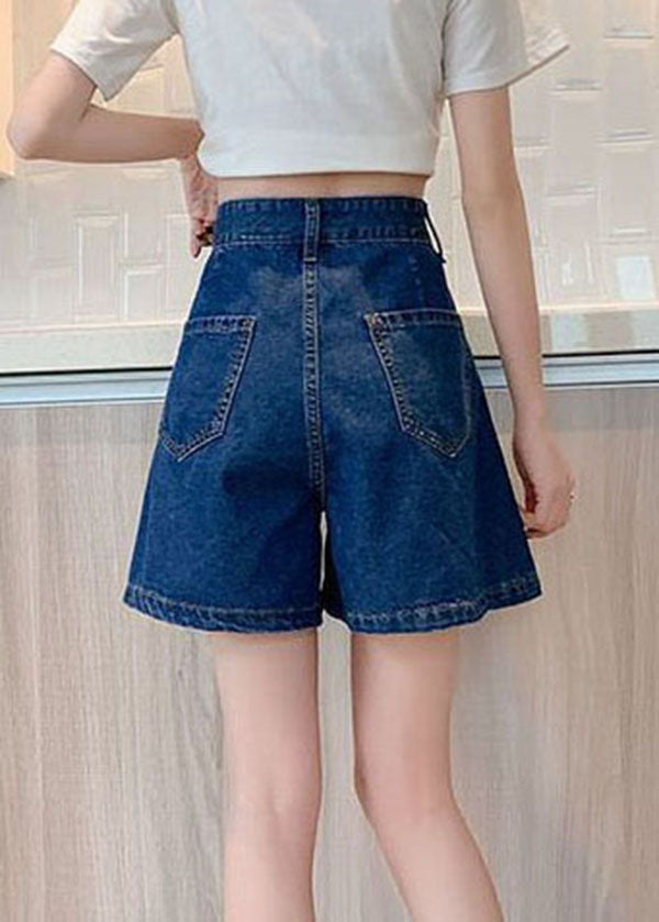 Plus Size Navy Pockets Denim Cotton Loose Pleated Shorts