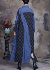 Plus Size denim blue Patchwork Plaid asymmetrical design Fall Coats