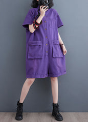 Purple Patchwork Denim Shorts Jumpsuits Peter Pan Collar