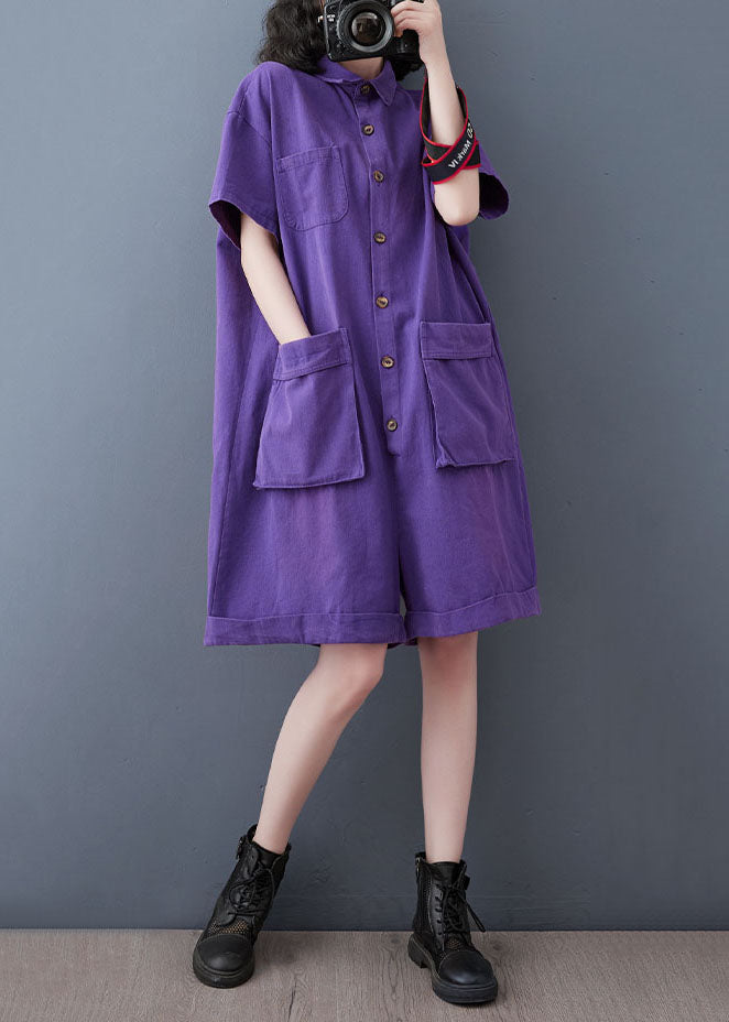 Purple Patchwork Denim Shorts Jumpsuits Peter Pan Collar