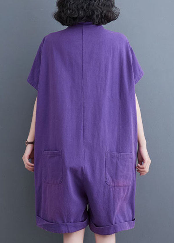 Purple Patchwork Denim Shorts Jumpsuits Peter Pan Collar