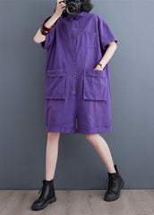 Purple Patchwork Denim Wide Leg Solid Denim Jumpsuit Short Sleeve