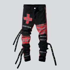 Red checkered patchwork men jeans