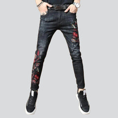 Red embroidery skinny men jeans