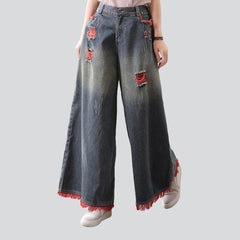 Red ripped women culottes jeans