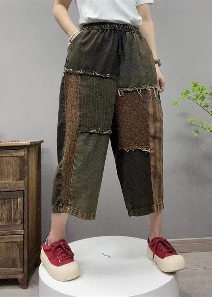 Retro Black Elastic Waist Patchwork Cozy Denim Straight Pants