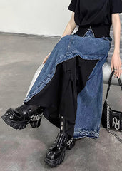 Retro Black Patchwork High Waist Pockets Denim Skirt