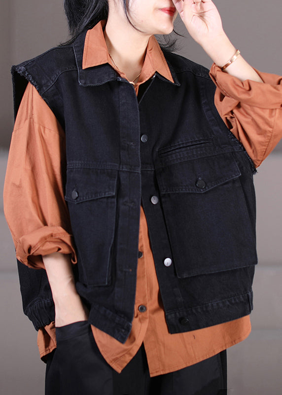 Retro Black Peter Pan Collar Patchwork Button Denim Waistcoat Fall